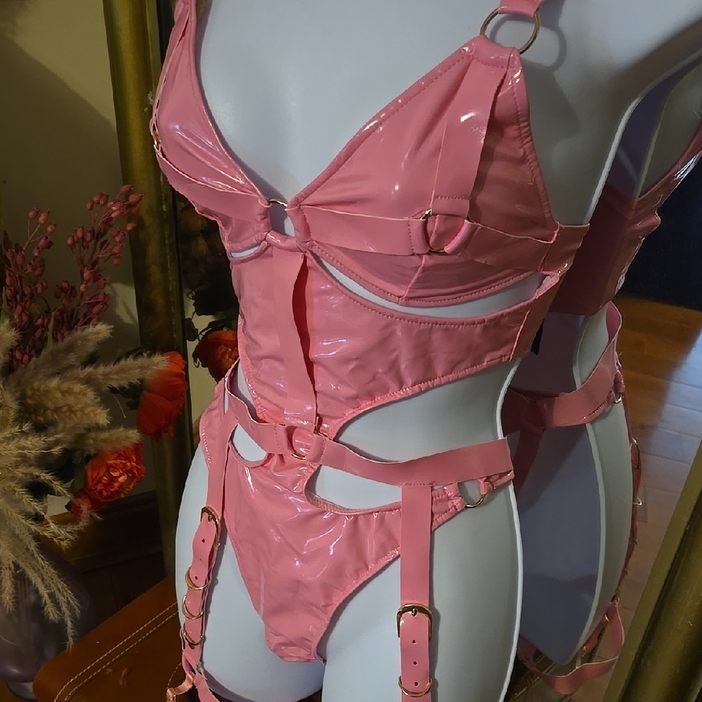 Foreplay BDSM Wet Look Pink Strappy Lingerie Set - Picture 3 of 8
